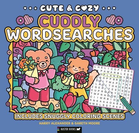 "Cuddly Wordsearches. Includes snuggly coloring scenes. Zwei niedliche Tiere inmitten bunter Blumen mit einem Suchrätsel."