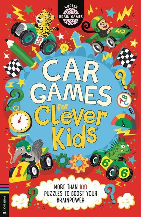 "Car Games for Clever Kids" steht auf dem bunten Cover. Mit verspielten Autos, Tieren und geometrischen Formen verziert.