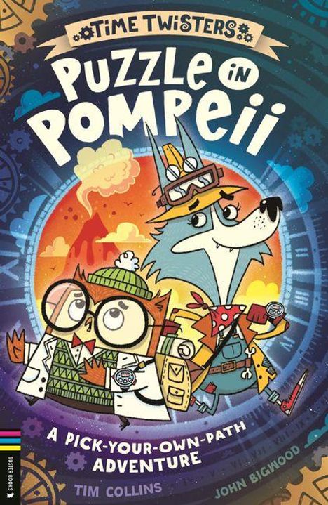 "Time Twisters: Puzzle in Pompeii. A Pick-Your-Own-Path Adventure. Zwei tierische Figuren vor einem roten Himmel und Vulkan."