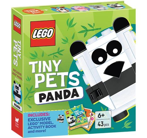 "TINY PETS PANDA", inklusive LEGO-Modell und Aktivitätsbuch. Grüner Hintergrund mit LEGO Panda-Bauklotz-Illustration.