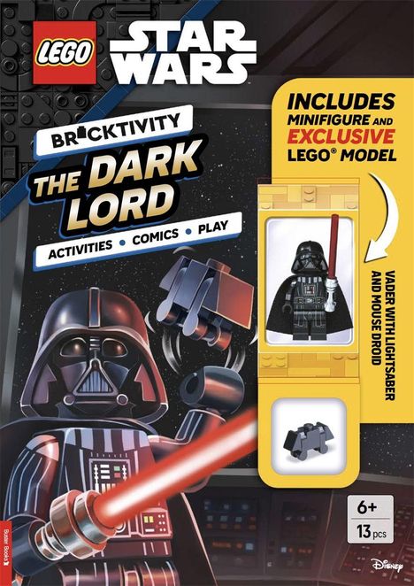 "BRICKTIVITY THE DARK LORD. INCLUDES MINIFIGURE AND EXCLUSIVE LEGO MODEL. VADER WITH LIGHTSABER AND MOUSE DROID."