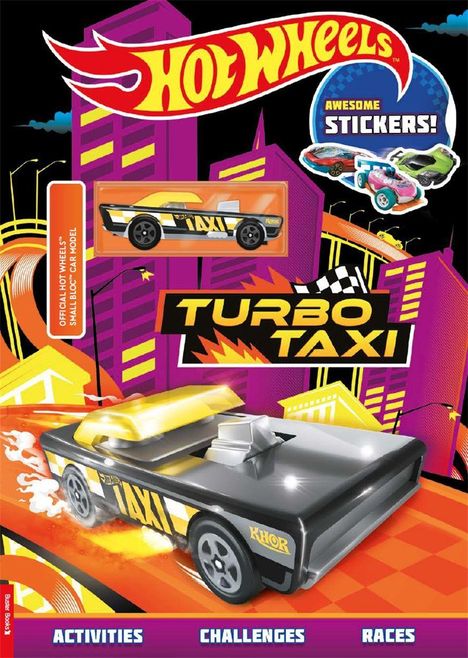 "Hot Wheels", "Turbo Taxi", "Awesome Stickers". Ein gelb-schwarzes Spielzeugauto vor einer stilisierten Stadtkulisse.