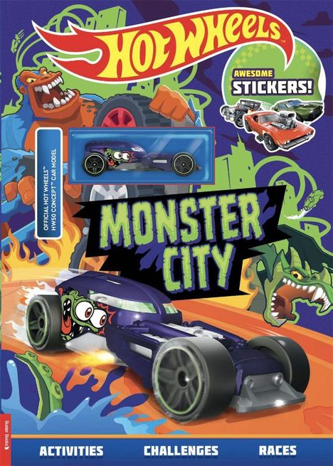"MONSTER CITY", "AWESOME STICKERS!", "ACTIVITIES CHALLENGES RACES"; Auto-Illustration, Monster, Gorilla und Drachen im Hintergrund.