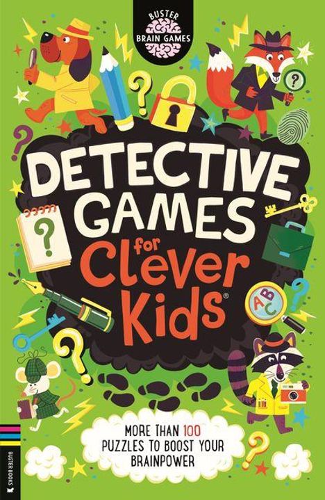 "DETECTIVE GAMES for Clever Kids®" steht groß in der Mitte. Illustrationen von Tieren und Gegenständen umgeben den Text.
