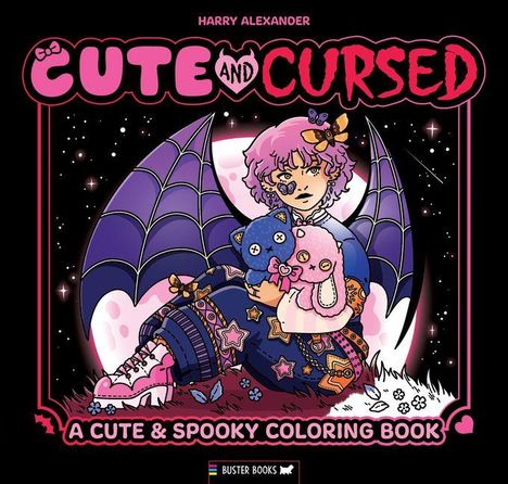"Cute and Cursed" und "A Cute & Spooky Coloring Book". Illustration mit einem Jungen, Fledermausflügeln und Kuscheltieren.