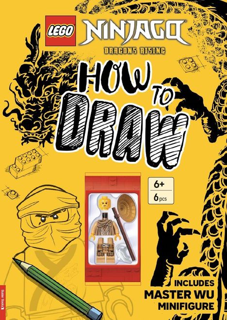 "HOW TO DRAW", "6+", "6 pcs", "INCLUDES MASTER WU MINIFIGURE". Gelbes Design mit Drachenillustrationen und einer LEGO Minifigur.