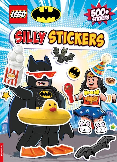 Text: "500+ Stickers", "Silly Stickers", "Pop". Illustration von Lego Batman und Wonder Woman mit Accessoires.