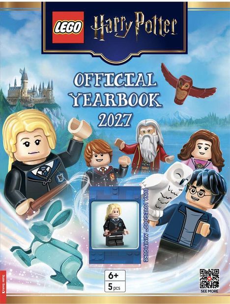 "LEGO Harry Potter Official Yearbook 2027" und "Luna Lovegood Minifigure". LEGO-Figuren und eine Eule in magischer Szene.
