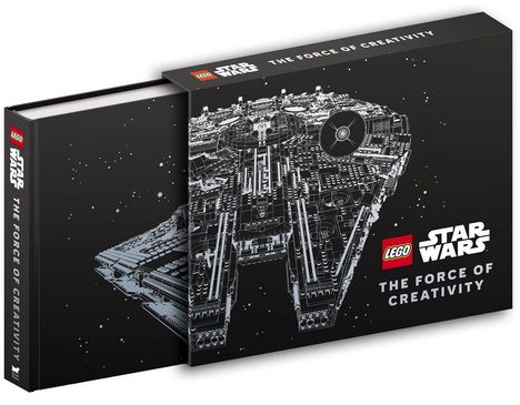 Text: "THE FORCE OF CREATIVITY," "LEGO," "STAR WARS." Illustration eines detailreichen Millennium Falken auf schwarzem Hintergrund.