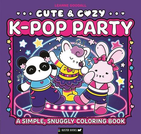 "CUTE & COZY K-POP PARTY" in bunten Lettern, darunter niedliche, tanzende Tiere auf einer Bühne mit Musiksymbolen.