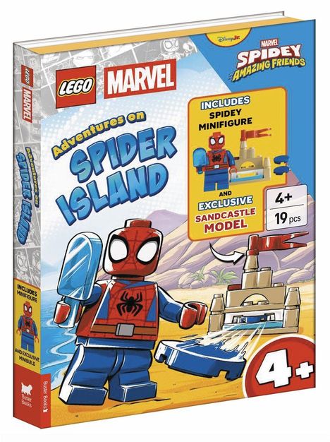 "Adventures on Spider Island", "Includes Spidey Minifigure", "Exclusive Sandcastle Model", "4+", "19 pcs". LEGO und Marvel Logos.
