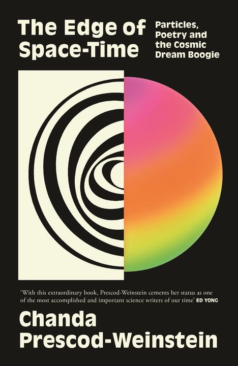 "The Edge of Space-Time" und "Chanda Prescod-Weinstein" mit schwarz-weißen Spiralen und einem bunten Kreis.
