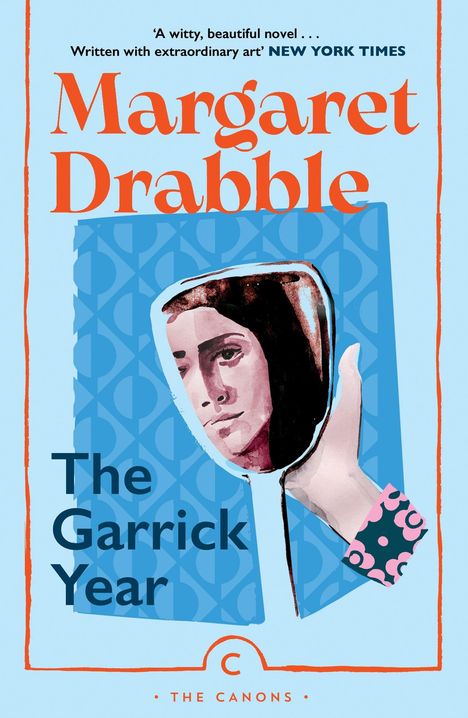 „Margaret Drabble“, „The Garrick Year“, Rezension von NY Times. Illustration einer Frau, Gesicht im Spiegel.