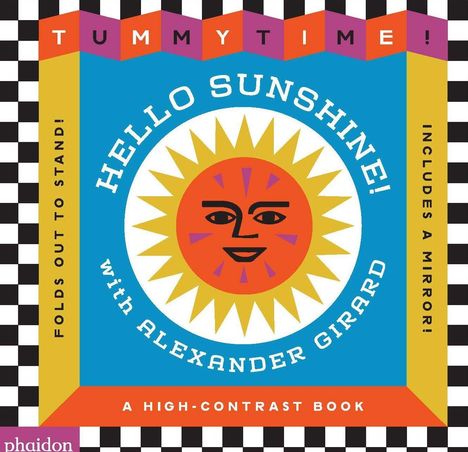 "HELLO SUNSHINE! with Alexander Girard" in bunten Buchstaben umgibt eine stilisierte Sonne auf einem schwarz-weiß karierten Hintergrund.