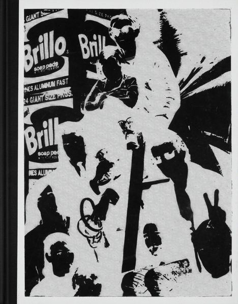 Texte: „Brillo“ und „soap pads“; schwarz-weiße Collage mit mehreren silhouettenhaften Gesichtern und Formen.
