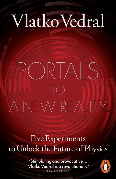 "Vlatko Vedral: PORTALS TO A NEW REALITY, Five Experiments to Unlock the Future of Physics." Rotes, kreisförmiges Muster.