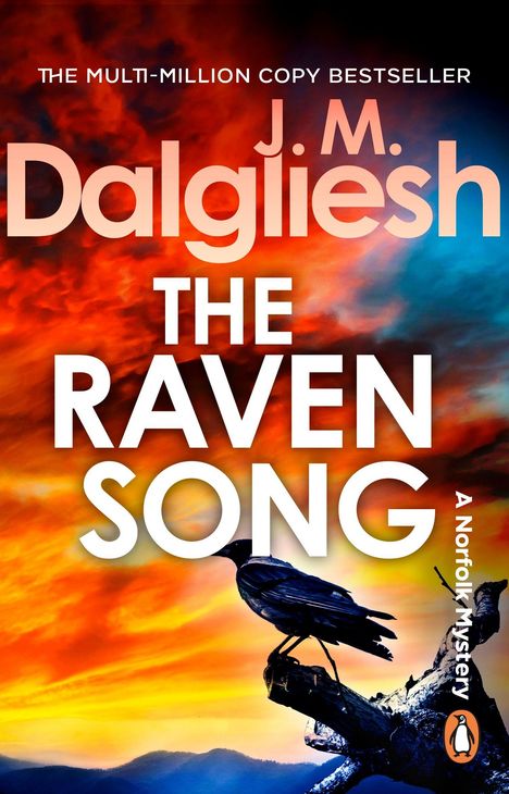 Oben steht: "THE MULTI-MILLION COPY BESTSELLER", darunter "J.M. Dalgliesh", "THE RAVEN SONG". Vordergrund: Rabe auf Ast, Hintergrund: dramatischer Himmel.