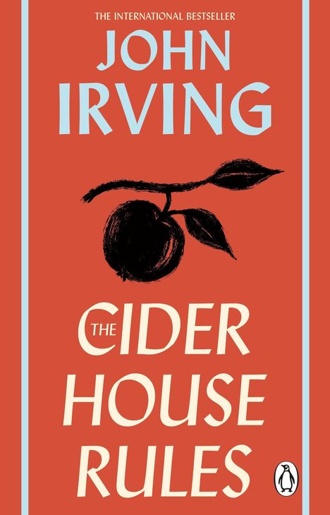 "The Cider House Rules" von John Irving, oben ein Apfelzweig, orange Hintergrund, blau umrandet. Penguin-Logo unten rechts.