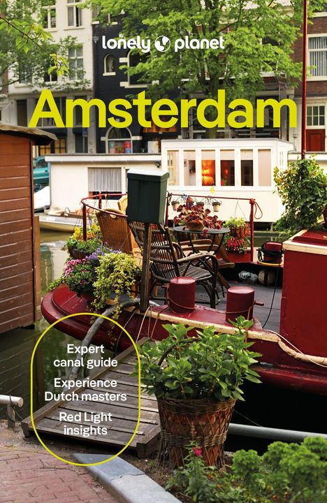 Amsterdam: "Expert canal guide", "Experience Dutch masters", "Red Light insights". Szene eines gemütlichen Hausboots mit Pflanzen.