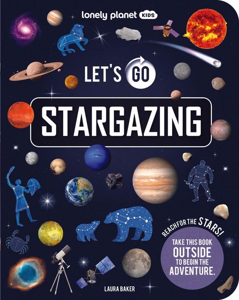 „LET'S GO STARGAZING“ in der Mitte. Darum Planeten, Sterne, Teleskop, Sternbilder auf dunklem Hintergrund.