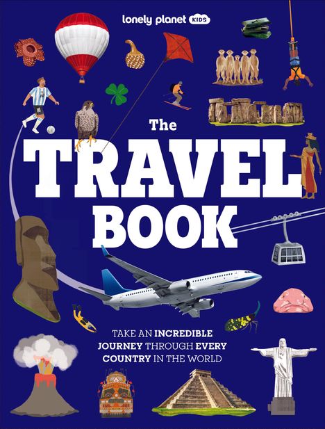 "The Travel Book" in großen Buchstaben, Abbildungen darunter: Flugzeug, Heißluftballon, Statue und weitere Reisesymbole.