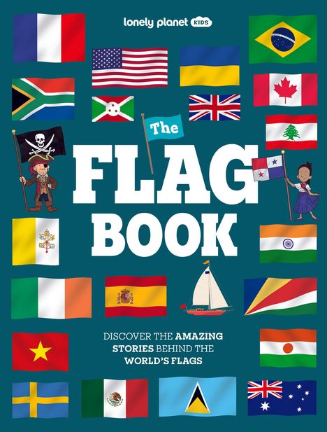 "The FLAG BOOK" in großen Buchstaben, umgeben von zahlreichen Nationalflaggen und Figuren wie einem Piraten.