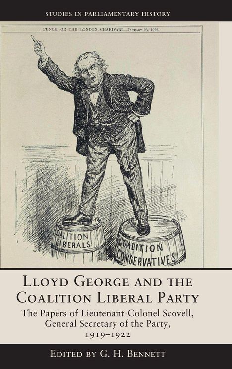 "Lloyd George and the Coalition Liberal Party" steht unten. Illustration: Ein Mann auf Fässern mit "COALITION LIBERALS".