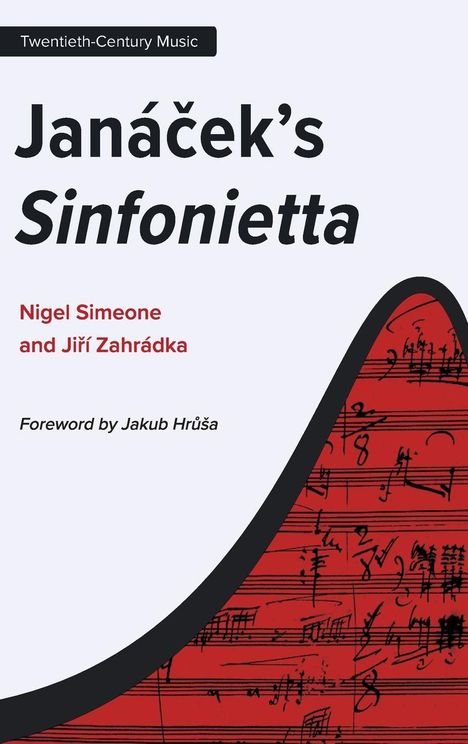 "Janáček's Sinfonietta" von Nigel Simeone und Jiří Zahrádka. Rote Notenblätter im Hintergrund.