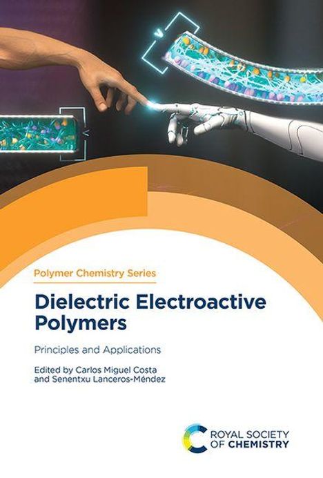 "Dielectric Electroactive Polymers: Principles and Applications" steht oben. Darunter berühren sich eine menschliche und eine Roboterhand.