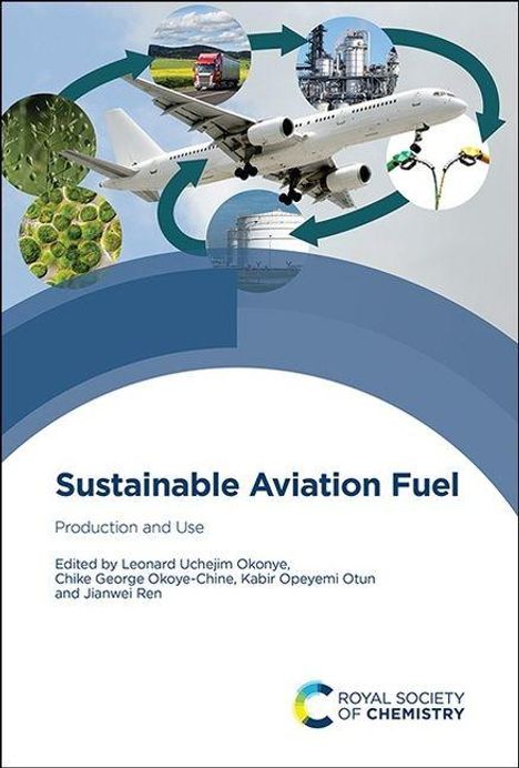„Sustainable Aviation Fuel: Production and Use“. Flugzeug in der Mitte, umgeben von Kreisen mit Pflanzen, LKW und Fabrik.