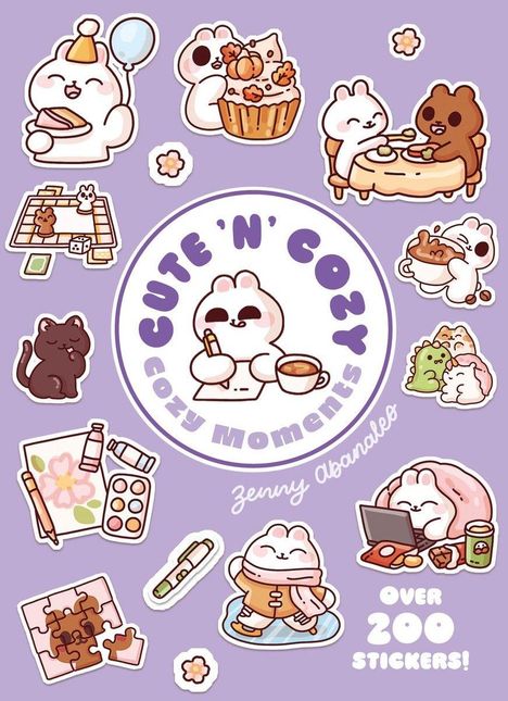 „CUTE 'N' COZY: Cozy Moments“. Verspielte, cartoonhafte Szenen mit niedlichen Tieren bei gemütlichen Tätigkeiten.