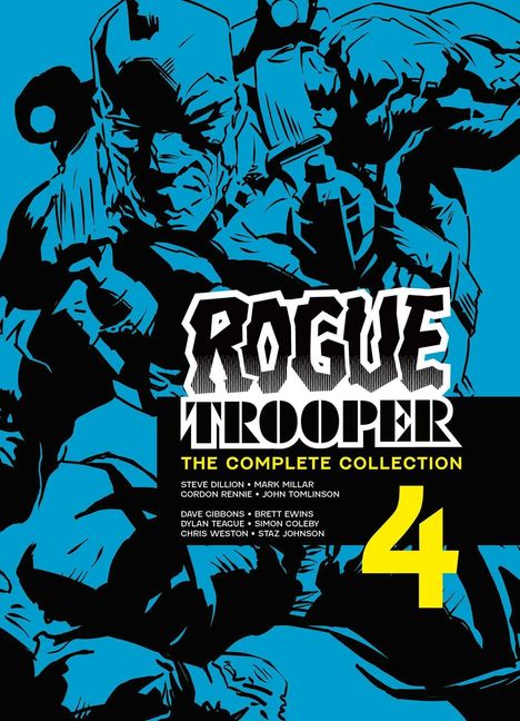 "ROGUE TROOPER - THE COMPLETE COLLECTION 4". Illustration: Blauer Soldat mit Helm und Waffe, kontrastreicher Stil.