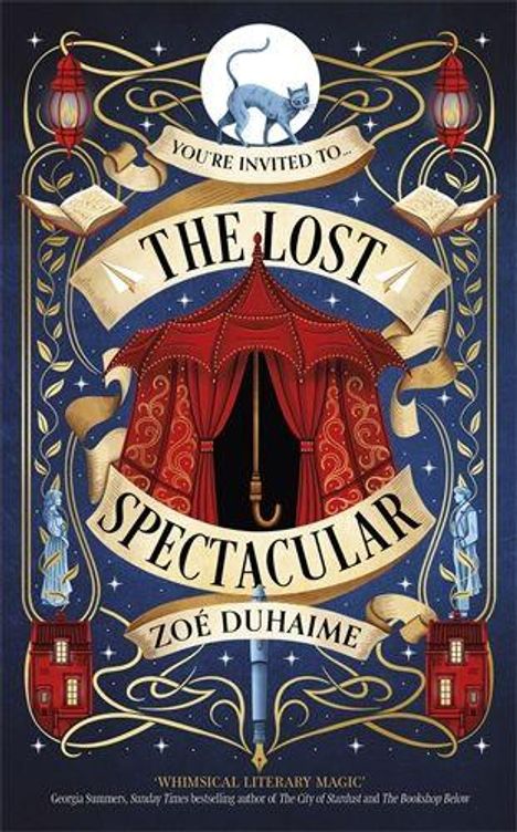 „You're invited to... THE LOST SPECTACULAR. Zoé Duhaime.“ Illustration mit rotem Zelt, Laternen, einem blauen Stift und Katze.
