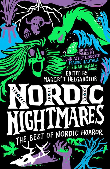 „Nordic Nightmares: The Best of Nordic Horror“ mit grünen Kreaturen und violetten, stilisierten Naturmotiven.