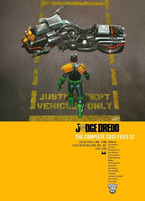 „Judge Dredd: The Complete Case Files 52“, darunter ein futuristisches Motorrad und eine Figur in einem Superheldenanzug.