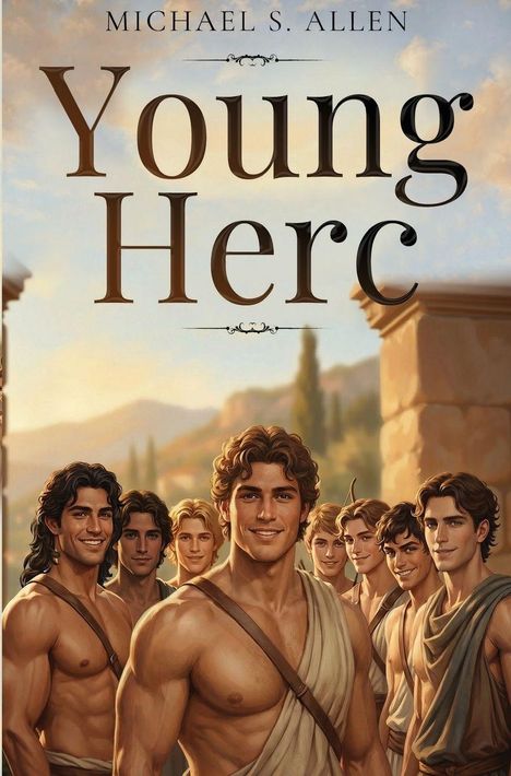 „Michael S. Allen Young Herc“ steht oben. Eine Gruppe muskulöser, junger Männer in antiken Gewändern lächelt.
