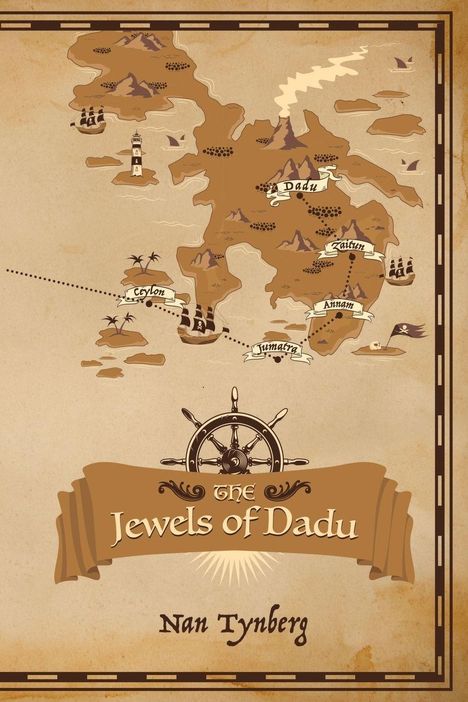 Karte mit Orten: Dadu, Zaitun, Annam, Sumatra, Ceylon. Titel: "The Jewels of Dadu". Unten Steuerrad-Logo.