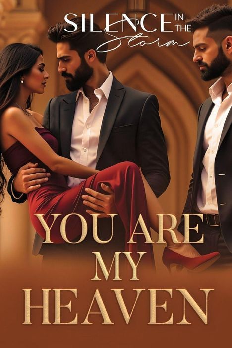 "Silence in the Storm, You Are My Heaven." Ein Mann im Anzug trägt eine Frau in einem roten Kleid, ein weiterer Mann daneben.