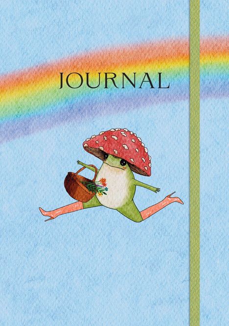 Text: "JOURNAL". Illustration: Ein Frosch mit Fliegenpilzhut und Korb voller Blumen unter einem Regenbogen auf blauem Hintergrund.