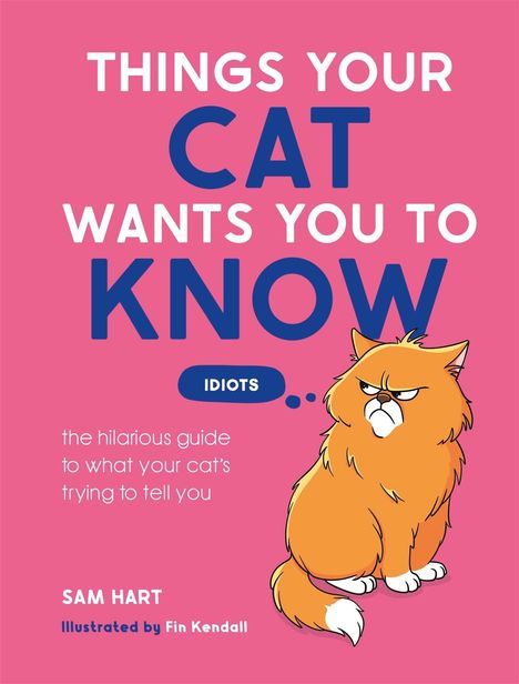„THINGS YOUR CAT WANTS YOU TO KNOW“. Illustration: Eine grimmig dreinschauende orange Katze auf rosa Hintergrund.