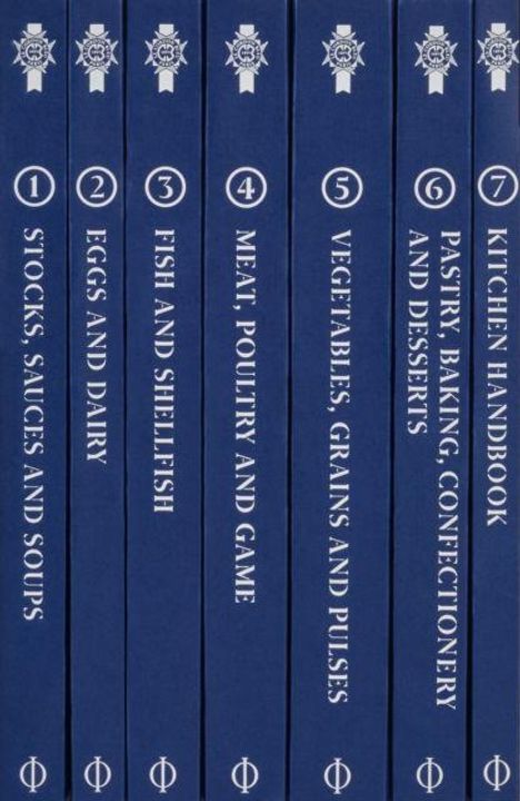 1: Stocks, Sauces and Soups  
2: Eggs and Dairy  
3: Fish and Shellfish  
4: Meat, Poultry and Game  
5: Vegetables, Grains and Pulses  
6: Pastry, Baking, Confectionery and Desserts  
7: Kitchen Handbook  
  
  
Sieben blaue Buchrücken in einer Reihe.