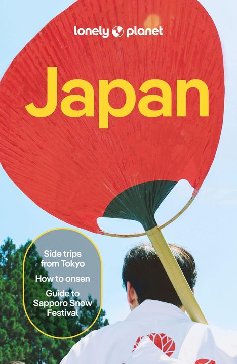 „Japan“, „Side trips from Tokyo“, „How to onsen“, „Guide to Sapporo Snow Festival“, jemand mit rotem Fächer von hinten.