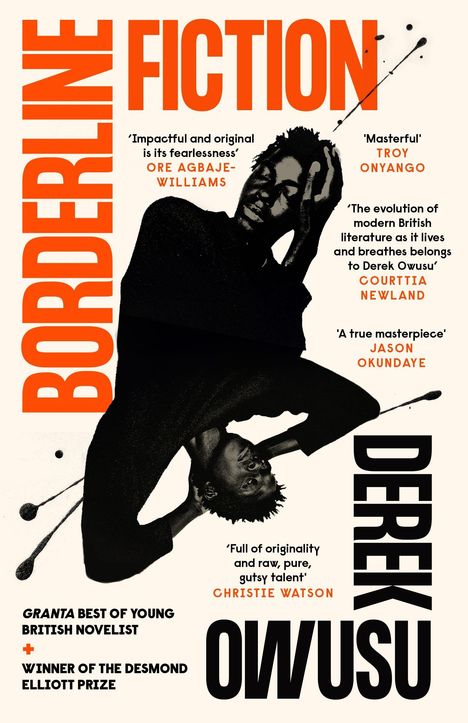 "Borderline Fiction", "Derek Owusu", Zitate von Autoren, zwei schwarze Silhouetten übereinander, oranger Text.