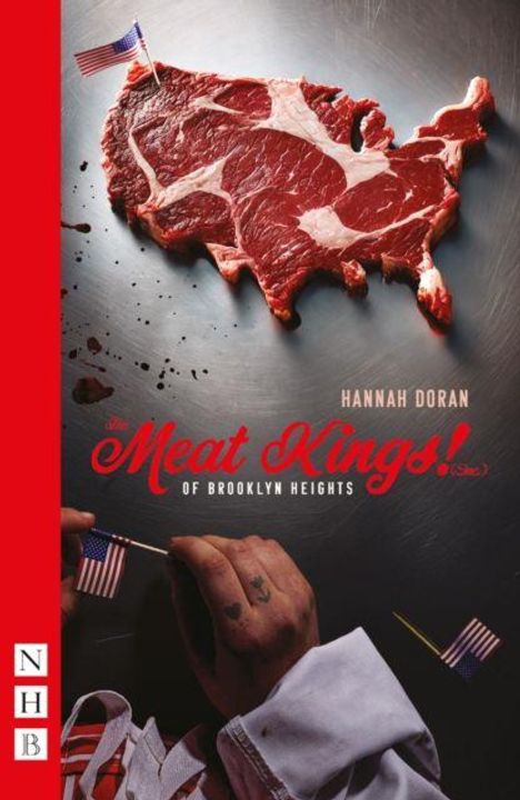 Text: "Hannah Doran, The Meat Kings! of Brooklyn Heights." Ein Steak in Form der USA, mit kleinen amerikanischen Flaggen.