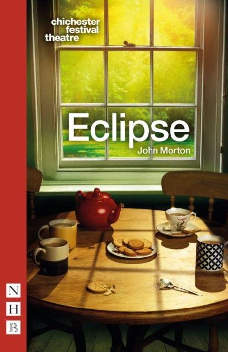 Der Text zeigt "chichester festival theatre", "Eclipse", "John Morton". Ein runder Tisch mit Tee und Keksen vor einem sonnigen Fenster.