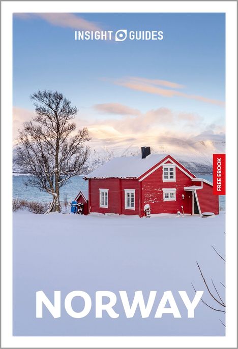 Text: "INSIGHT GUIDES", "FREE EBOOK", "NORWAY".  
Ein rotes Haus im Schnee vor einer Berg- und Seelandschaft.