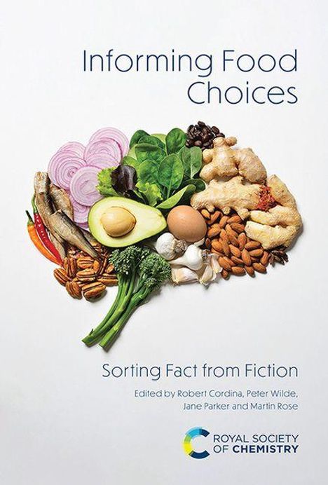 "Informing Food Choices. Sorting Fact from Fiction. Gemüse und Nüsse in Form eines Gehirns arrangiert; darunter ein Logo."