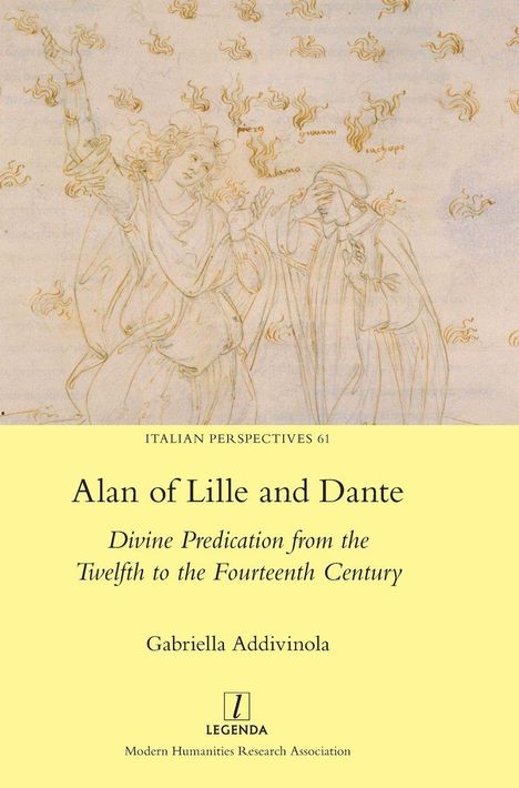 "Alan of Lille and Dante," Illustration mit historisch gekleideten Figuren und Flammenformen um sie herum.