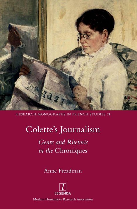 „Colette’s Journalism“, rot-violetter Hintergrund, Frau mit Brille liest Zeitung, Impressionismus-Stil.