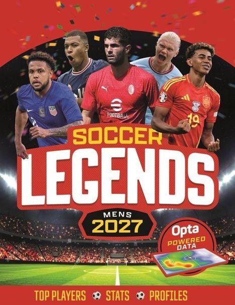 "SOCCER LEGENDS MEN'S 2027", "Opta Powered Data". Fünf Fußballspieler vor einem Stadion. Texte: Top Players, Stats, Profiles.
